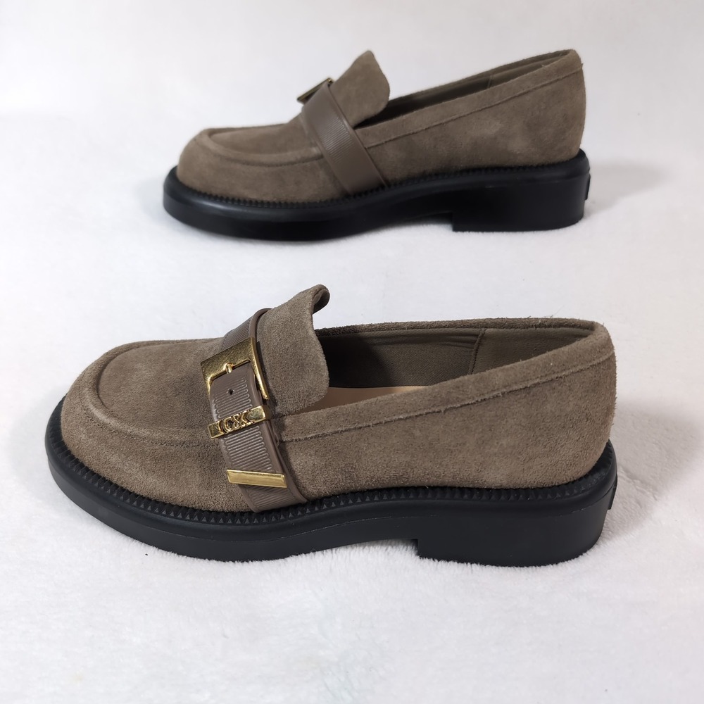 Charles & Keith Loafers Women Taupe Suede Gold Buckle Lug Sole Chunky Platform - Picture 2 of 13